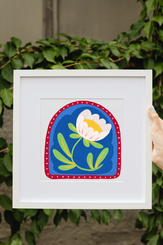 White Folk Flower – Hand‑Painted Gouache Digital Illustration Print